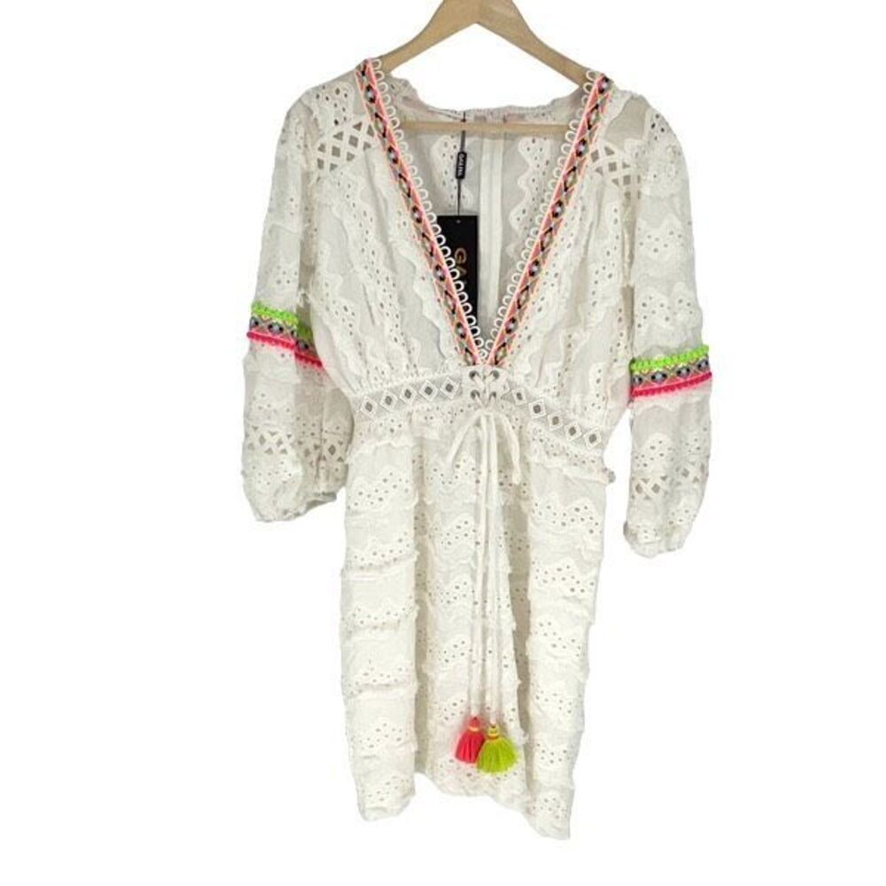Galita‎ Boho Eyelet Tiered Cotton Mini Dress White Size Large NWT